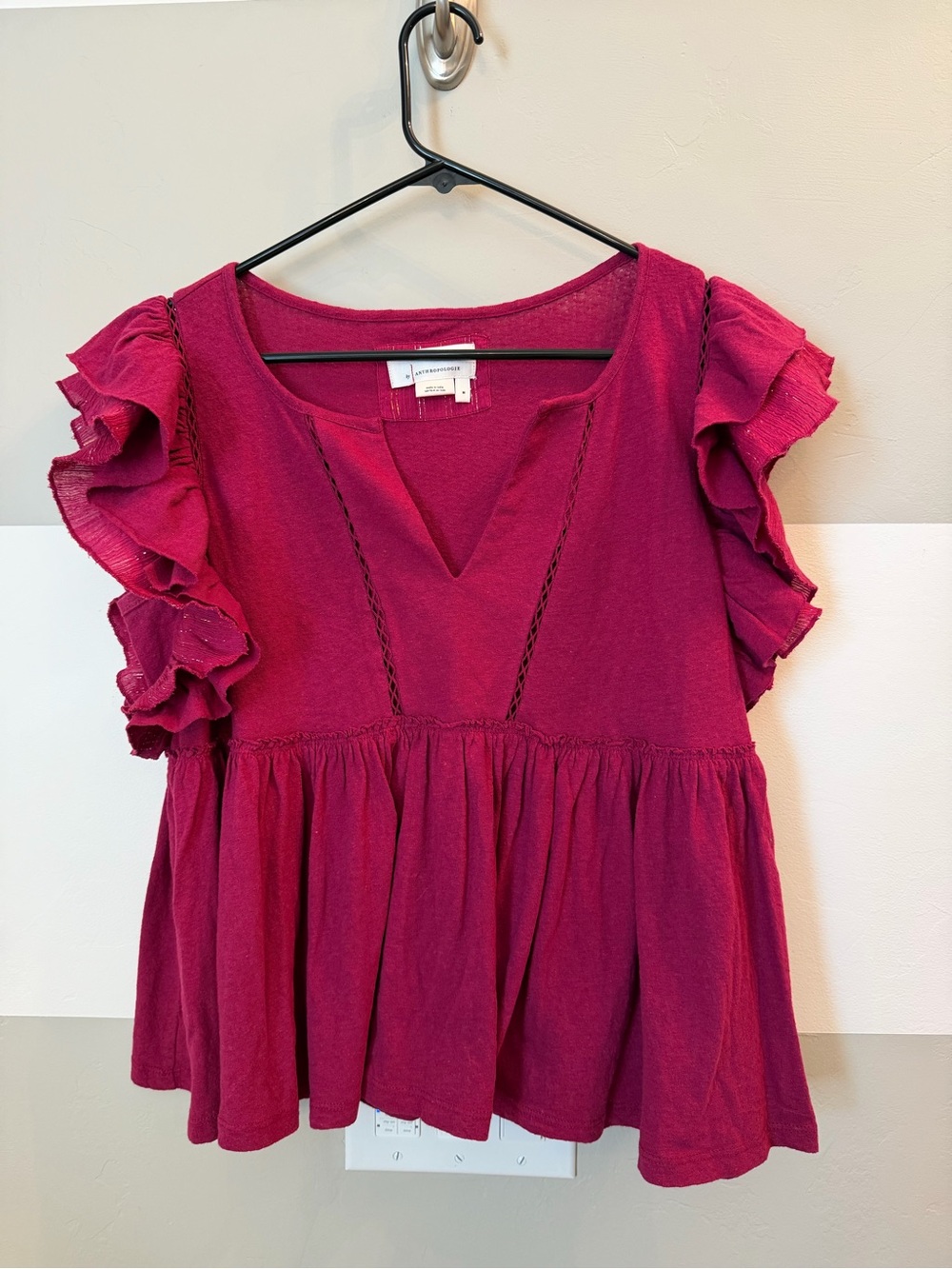 Anthropologie Caroline babydoll top ruffled  sleeves peplum top medium fushia
